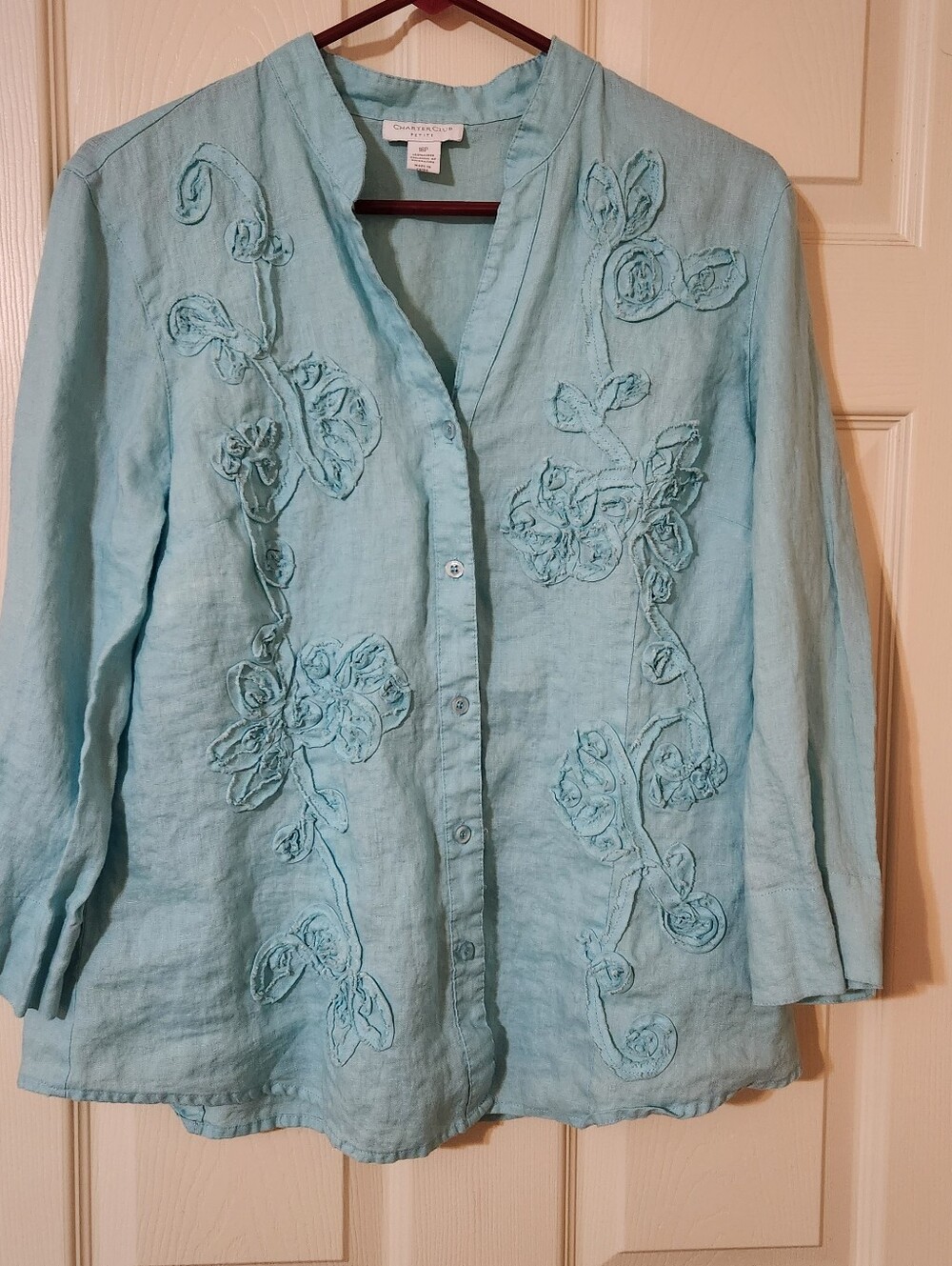 Charter Club 100% Linen Embroidered Floral Button-Up V-Neck Blouse 16P Blue READ